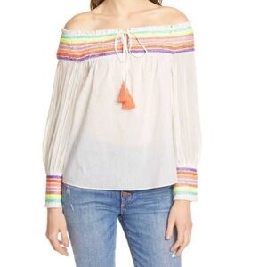 alice + olivia neon embroidered Sharyl Rainbow Peasant Off the Shoulder Blouse